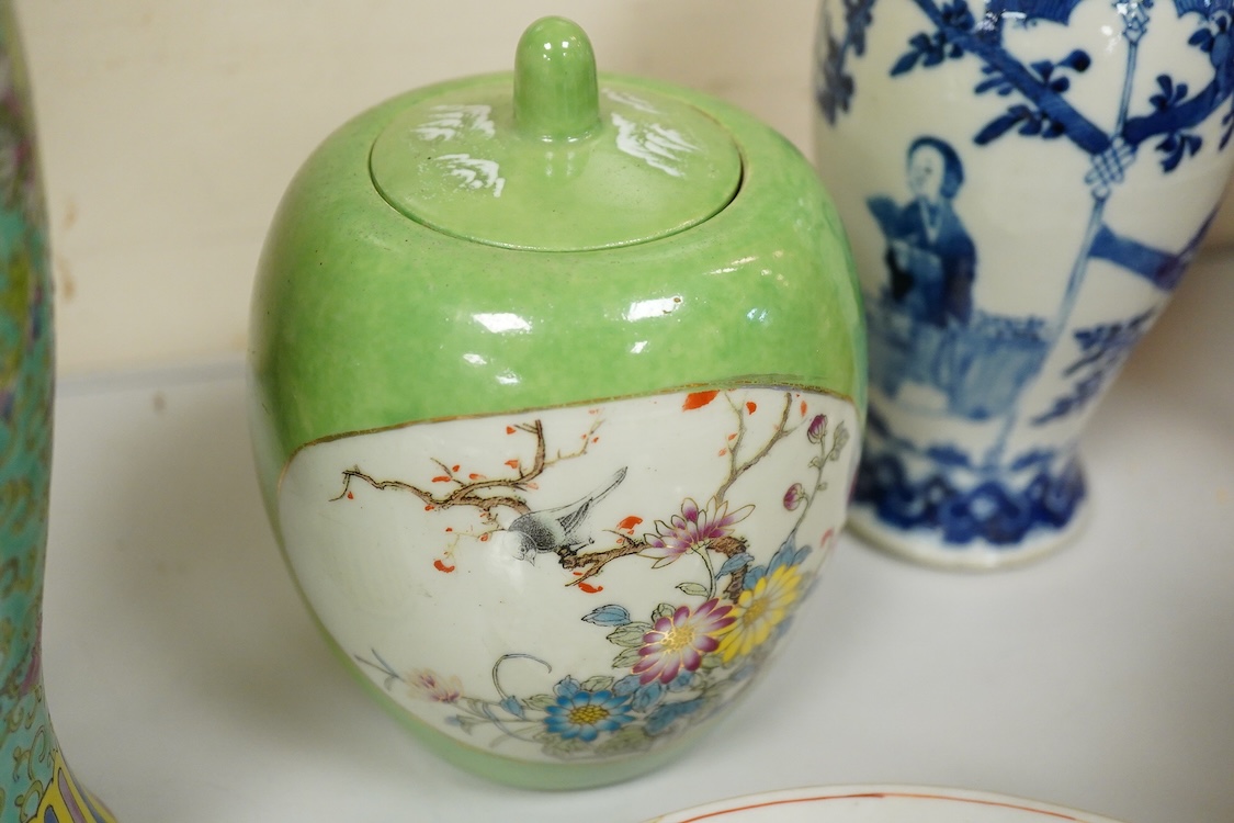 A collection of Chinese ceramics, 18th century and later to include a blue and white vase and cover, ‘goldfish’ charger and various bowls, largest 36cm in diameter